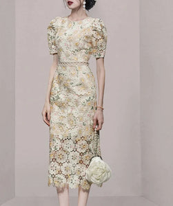 Women Vintage Embroidery Lace Hollow Out Dress