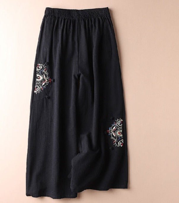 Women Retro Embroidery Loose Trousers