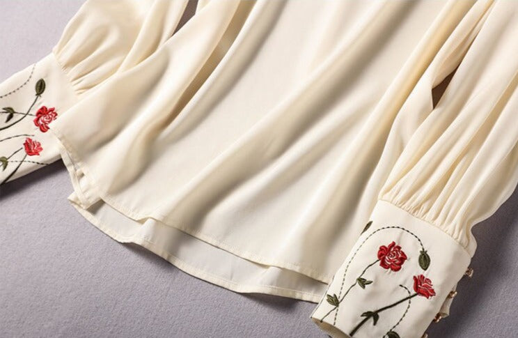 Women Embroidered Vintage Silk Blouse