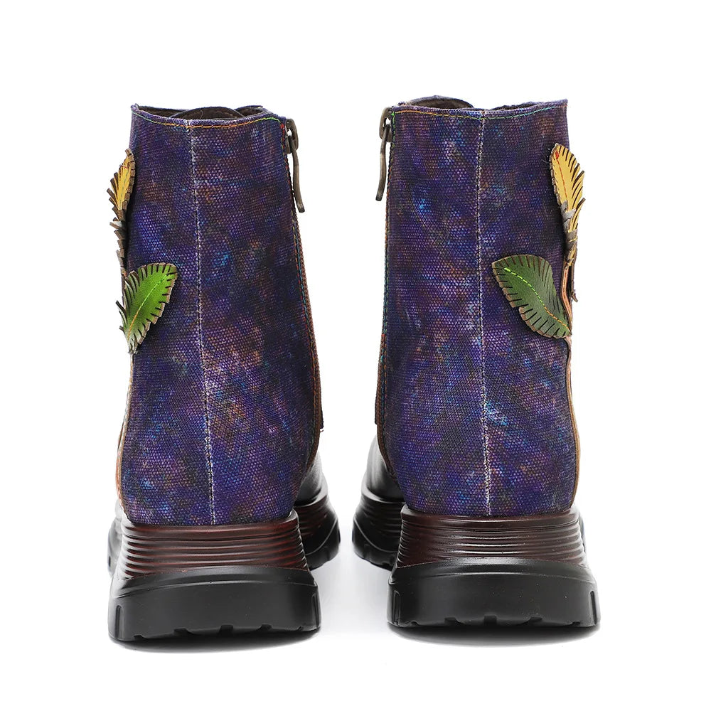 Women Retro Genuine Leather Floral Ankle Boots