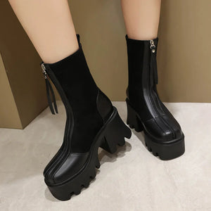 Women Retro Leather Platform Ankle Boots