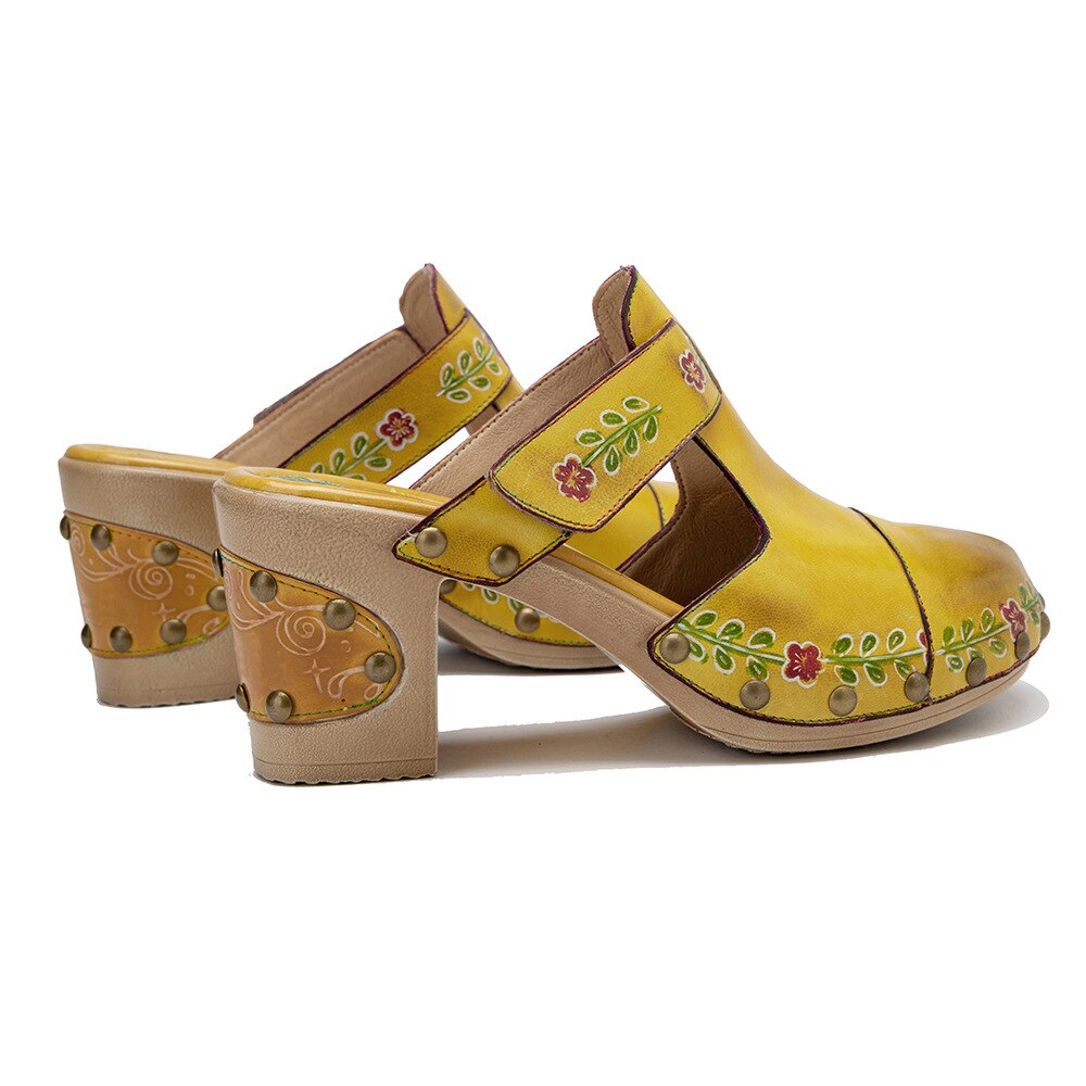 Women Retro Genuine Leather Floral Slippers