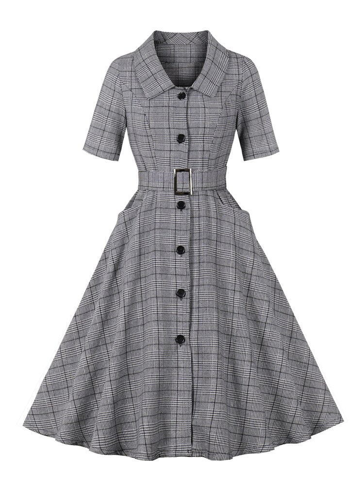 Women Vintage Half Sleeve Pocket Swing Dress