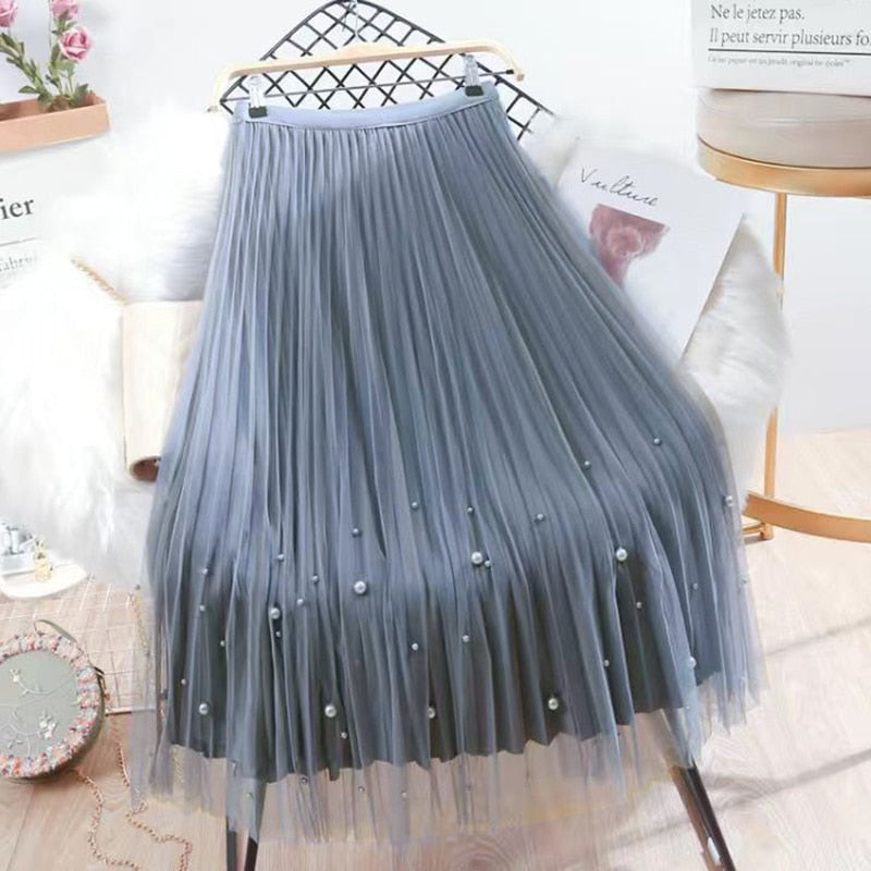 Women Both Sides Wear Pearls Mesh Skirt