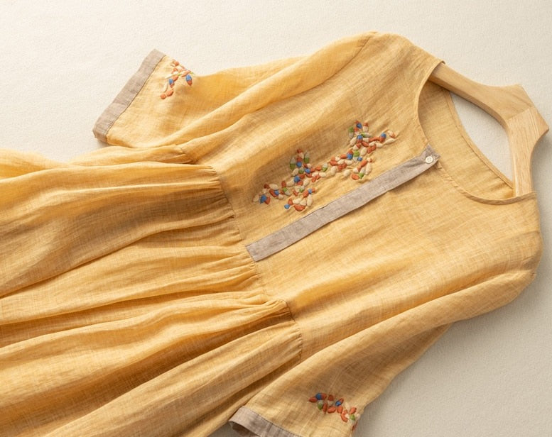 Women Floral Embroidered Vintage Cotton Dress