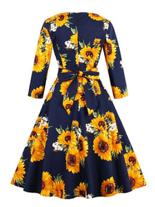 Women Floral A Line Vintage Cotton Dress