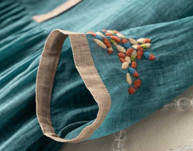 Women Floral Embroidered Vintage Cotton Dress