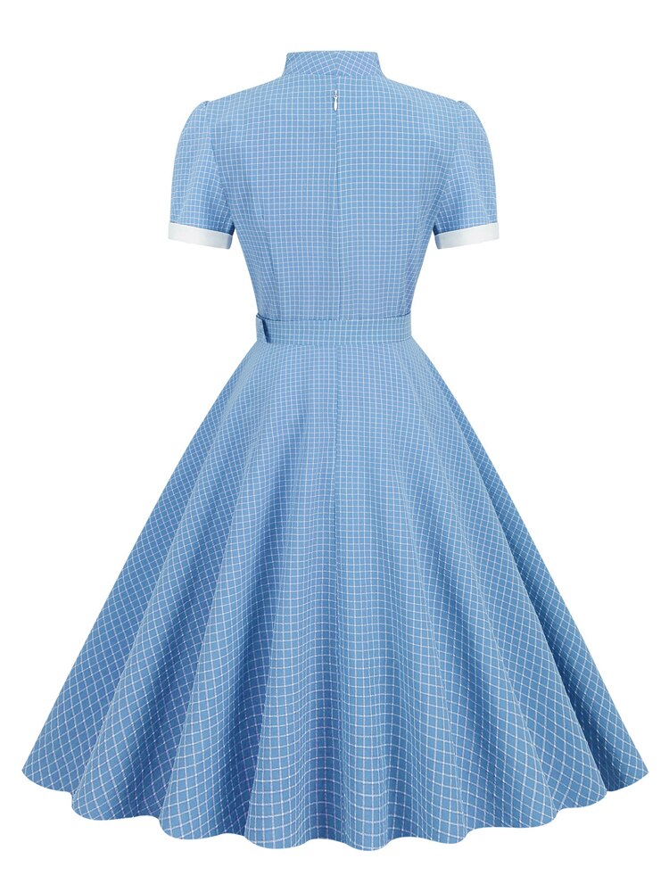 Women Cuff Plaid Rockabilly Vintage Swing Dress