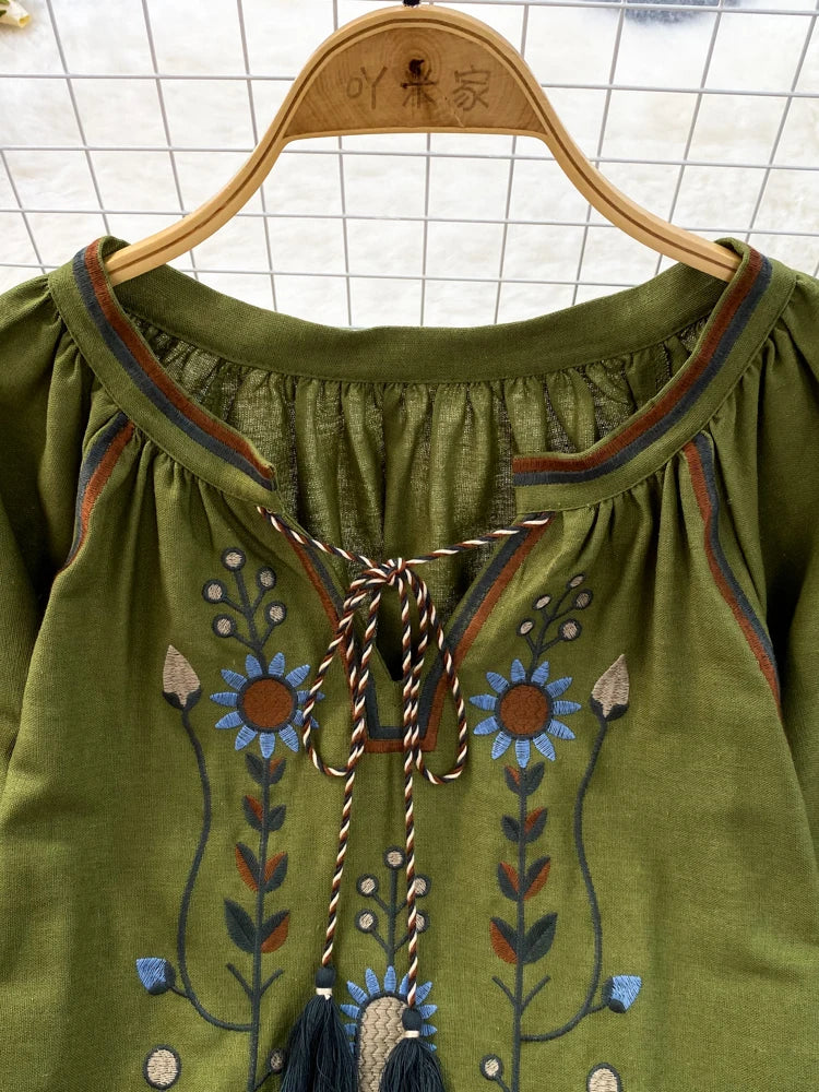 Women Retro Embroidered Casual Blouse