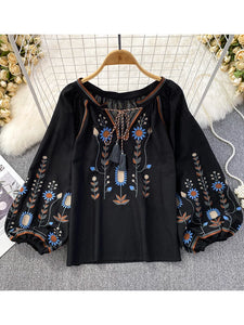 Women Retro Embroidered Casual Blouse