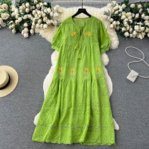 Women Vintage Embroidered Bubble Sleeves Dress