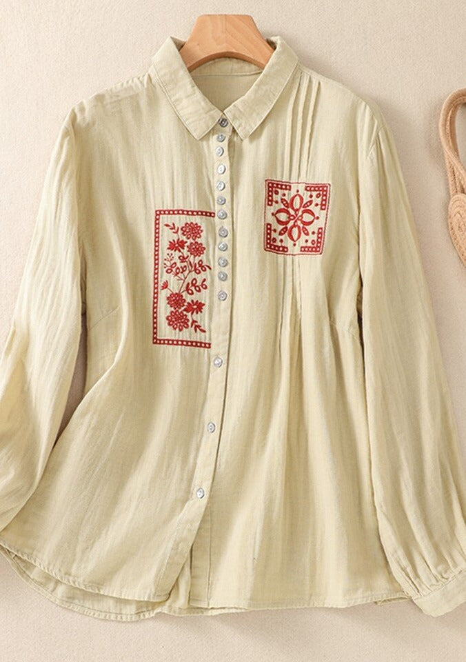 Women Vintage Floral Embroidery Loose Shirts