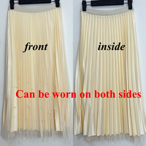 Women Both Sides Wear Pearls Mesh Skirt