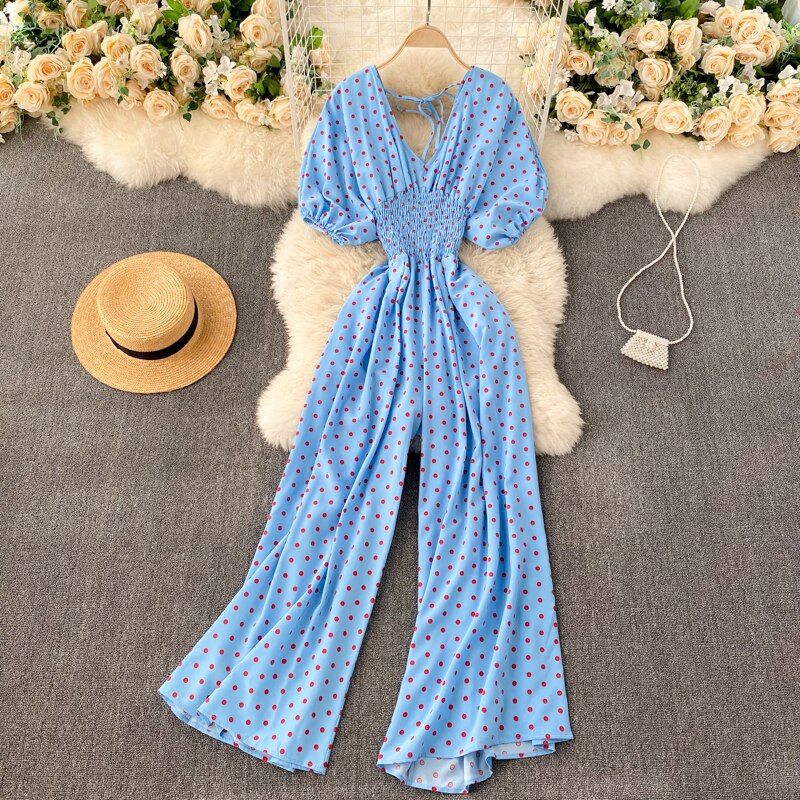 Women Polka Dot Romper Elegant V-Neck Jumpsuit