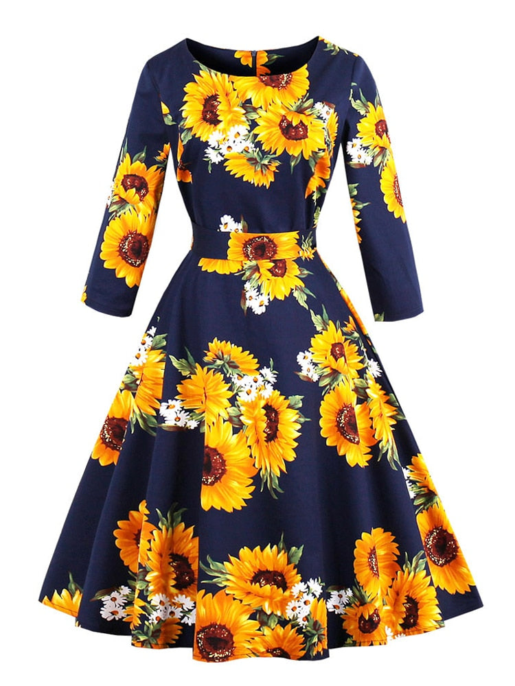 Women Floral A Line Vintage Cotton Dress