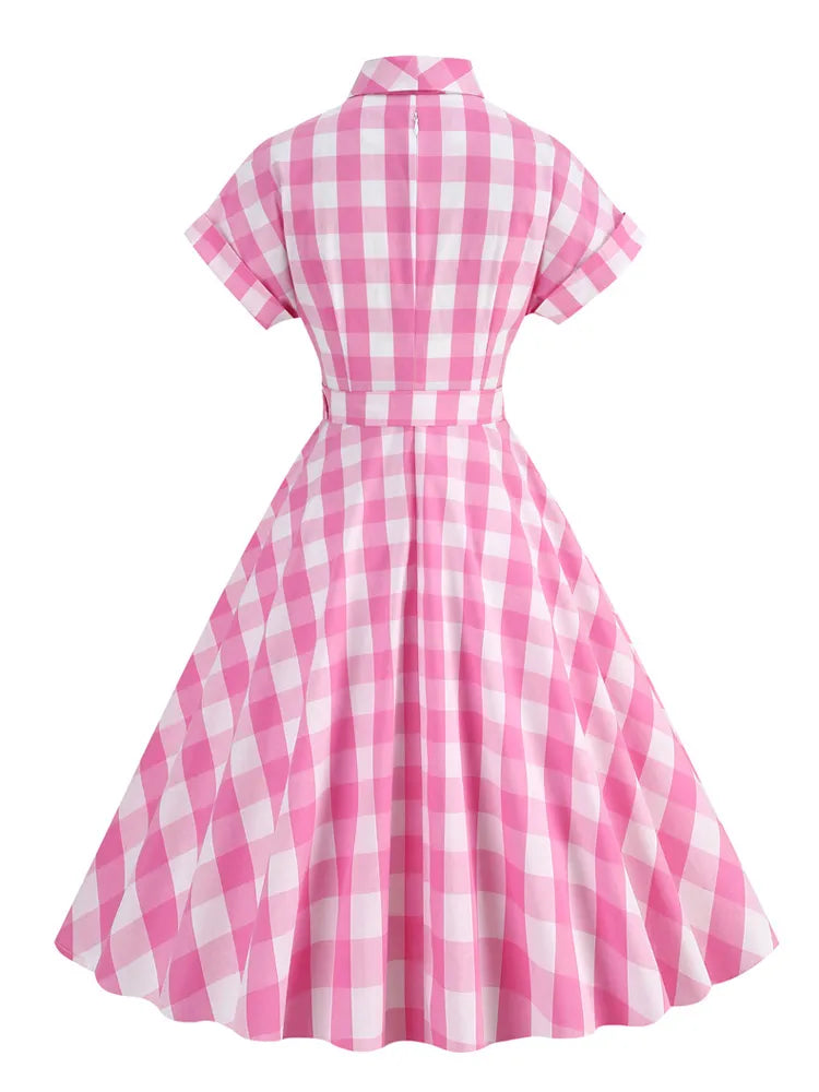 Women Vintage Cotton Gingham Swing Dress