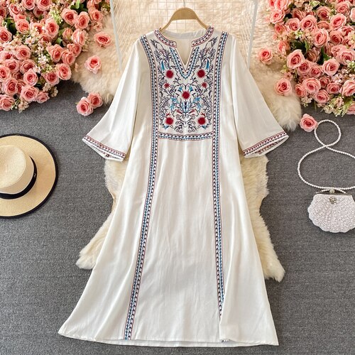 Women Embroidered Vintage V-Neck Dress