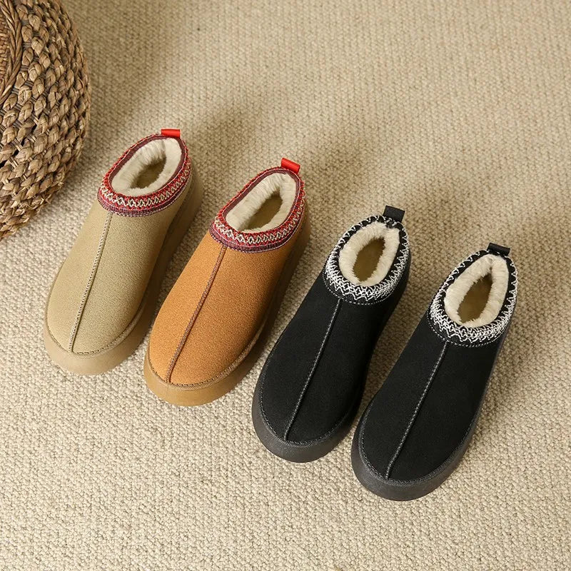 Women Retro Suede Leather Canvas Winter Slippers