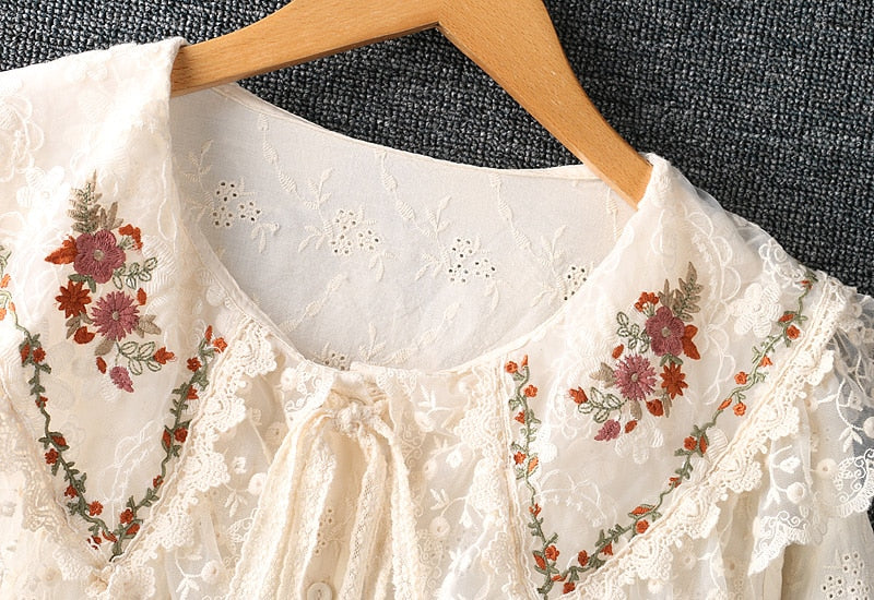 Women Embroidered Mori Style Single Breasted Shirt