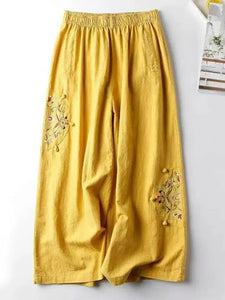 Women Floral Embroidery Loose Wide Leg Pants