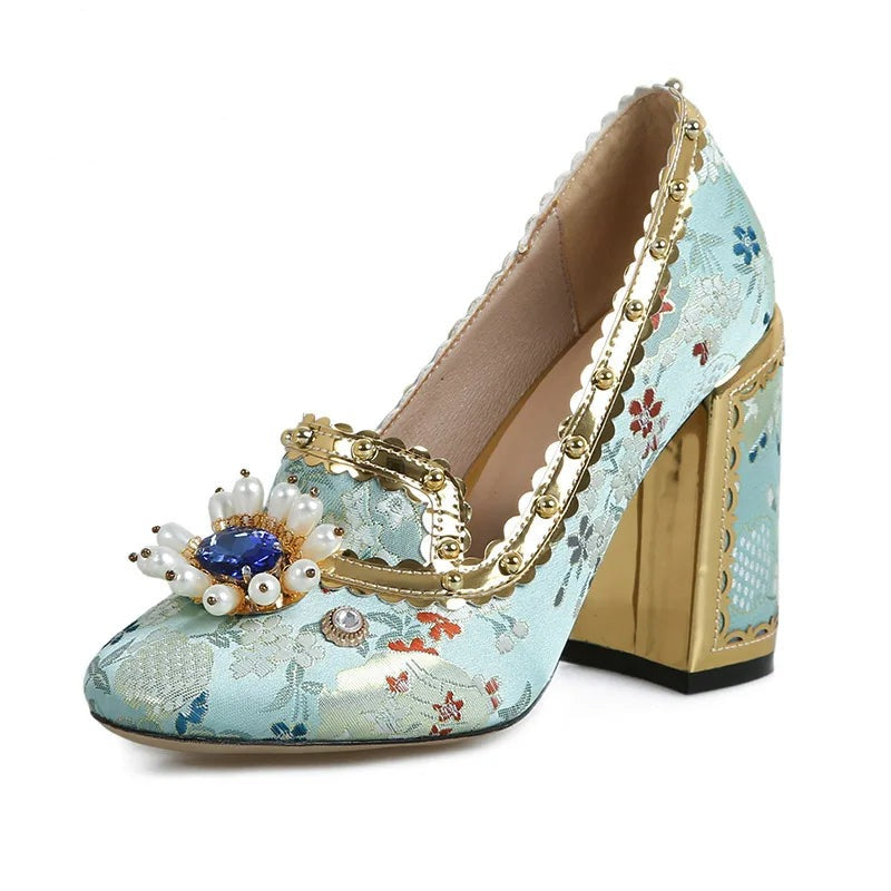 Women Floral Embroidery Crystal Slip On Shoes