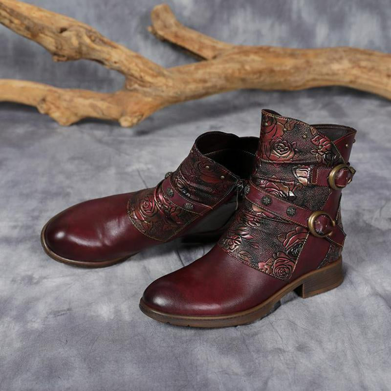 Women Genuine Leather Round Toe Print Handmade Concise Leisure Ankle Platform Boots