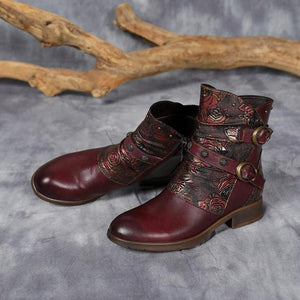 Women Genuine Leather Round Toe Print Handmade Concise Leisure Ankle Platform Boots