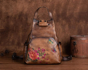 Women Retro Embossed Genuine Leather Backpack
