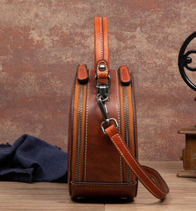 Women Vintage Genuine Leather Embossed Circular Handbags