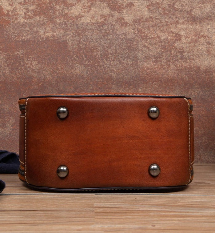 Women Vintage Genuine Leather Embossed Circular Handbags
