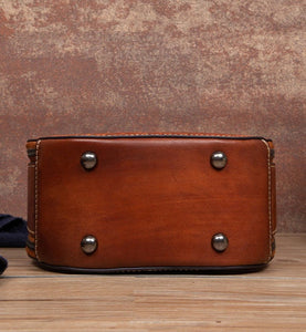Women Vintage Genuine Leather Embossed Circular Handbags