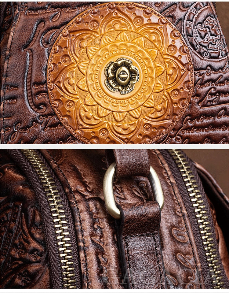 Women Floral Retro Cowhide Backpack Embossing Bag
