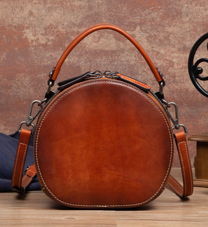 Women Vintage Genuine Leather Embossed Circular Handbags