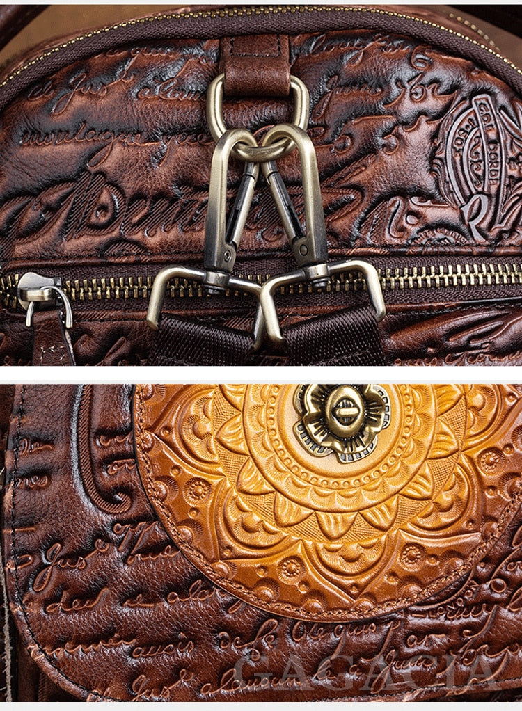 Women Floral Retro Cowhide Backpack Embossing Bag