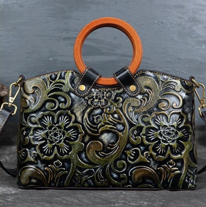 Women Retro Genuine Leather Handmade Embossed Shoulder Bag
