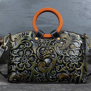 Women Retro Genuine Leather Handmade Embossed Shoulder Bag