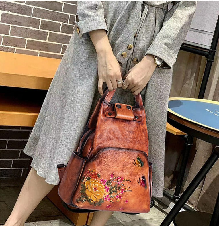 Women Retro Embossed Genuine Leather Backpack