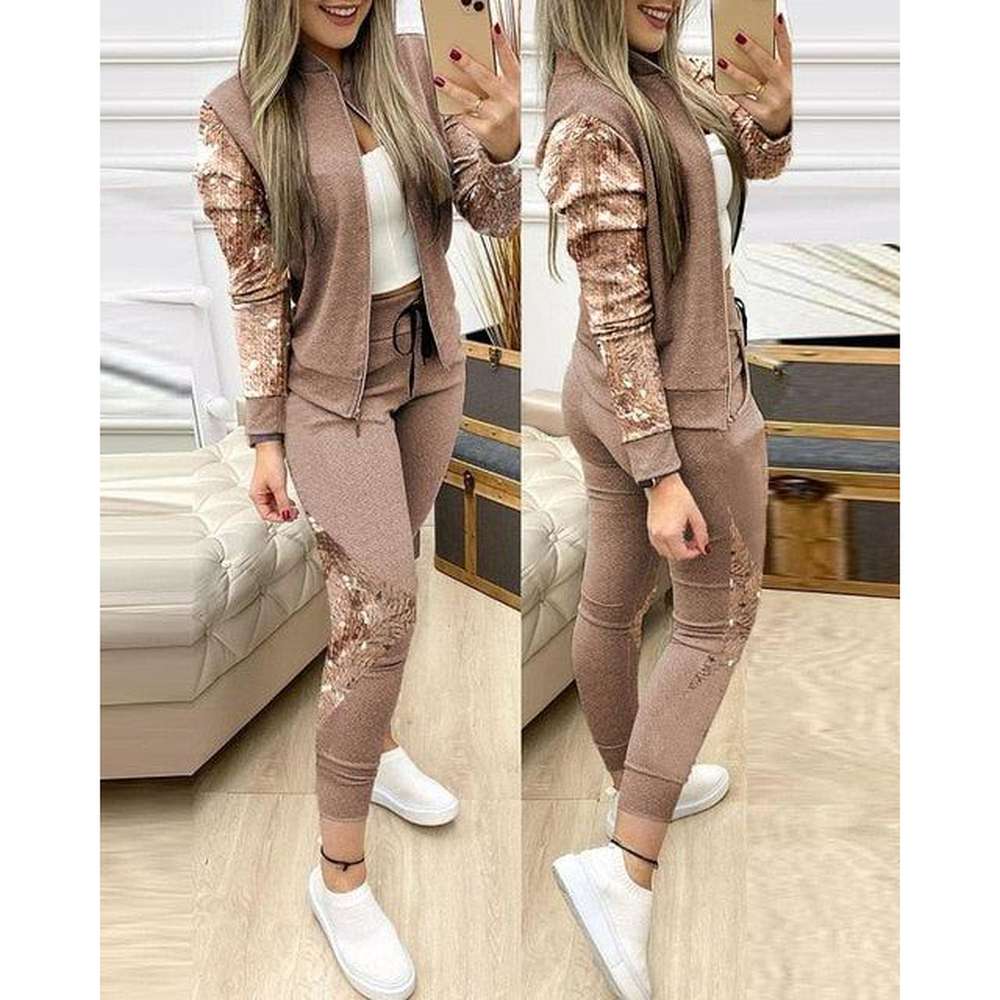 Women Two Piece Set Tracksuit Zipper Top And Pants Casual Sport Suit