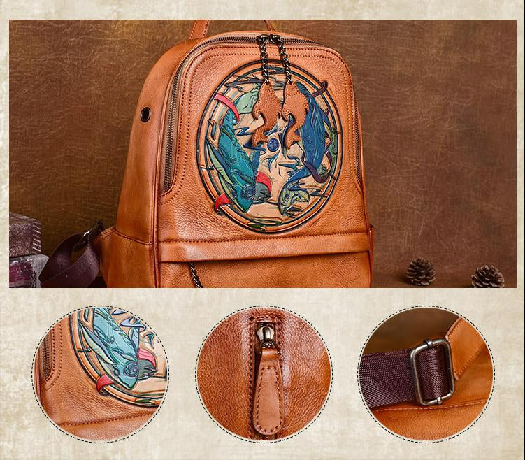Women Vintage Genuine Leather Handmade Embossed Backpack