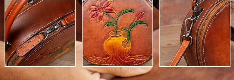 Women Vintage Genuine Leather Embossed Circular Handbags