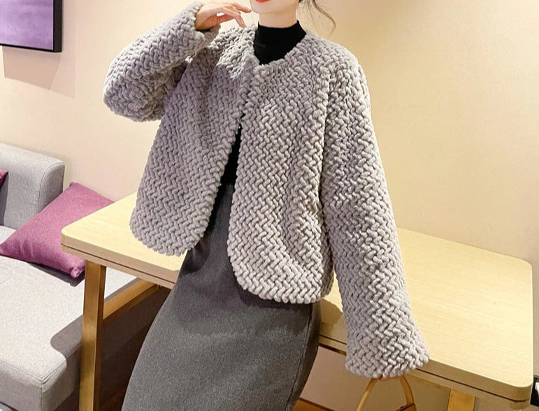 Women Slim Short Faux Fur Fluffy Jacket