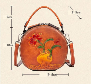 Women Vintage Genuine Leather Embossed Circular Handbags