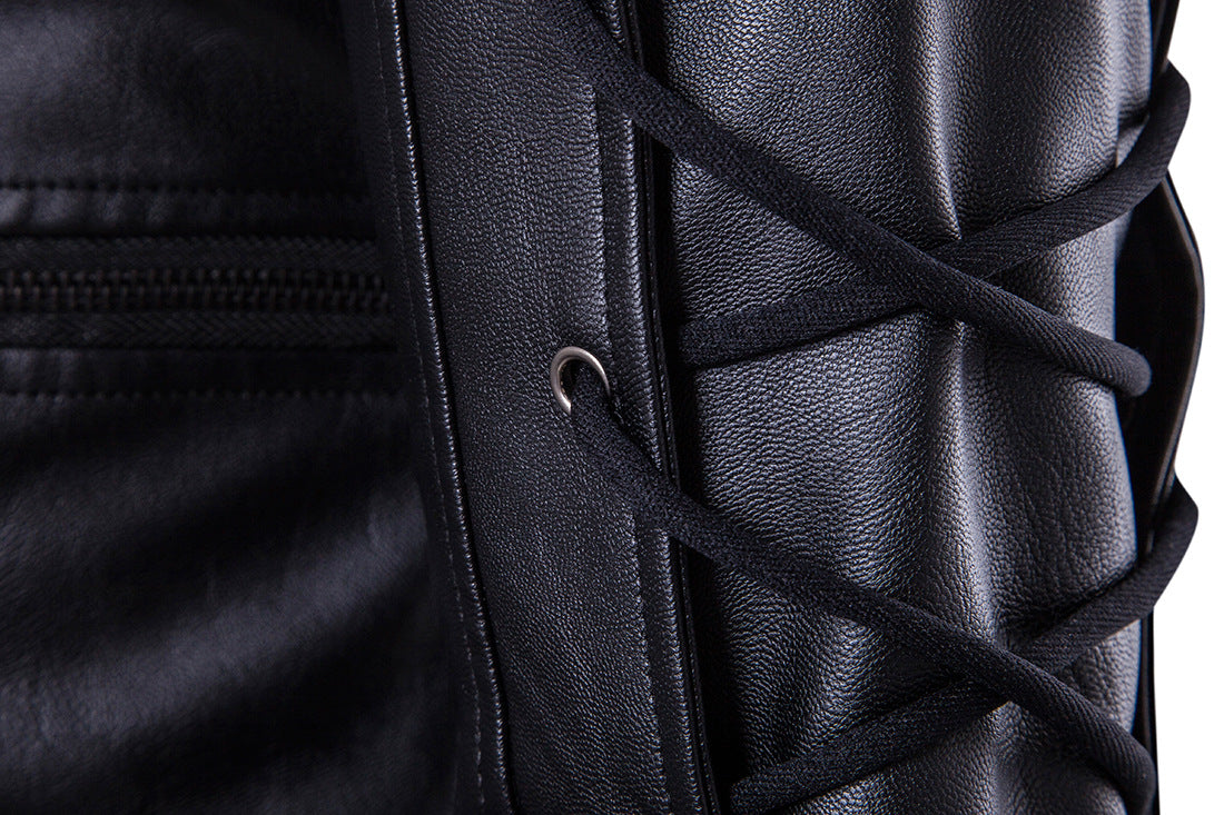 Men Faux Leather Windbreaker Coat Plush Casual Jacket