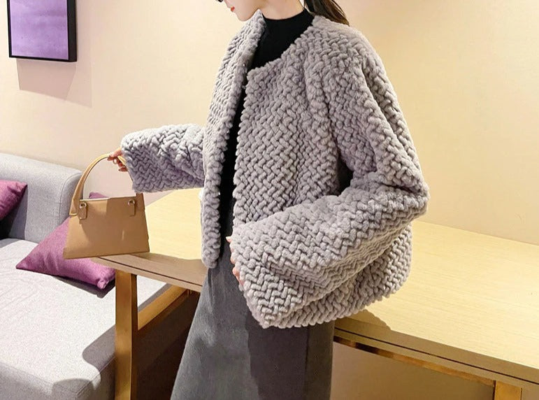Women Slim Short Faux Fur Fluffy Jacket