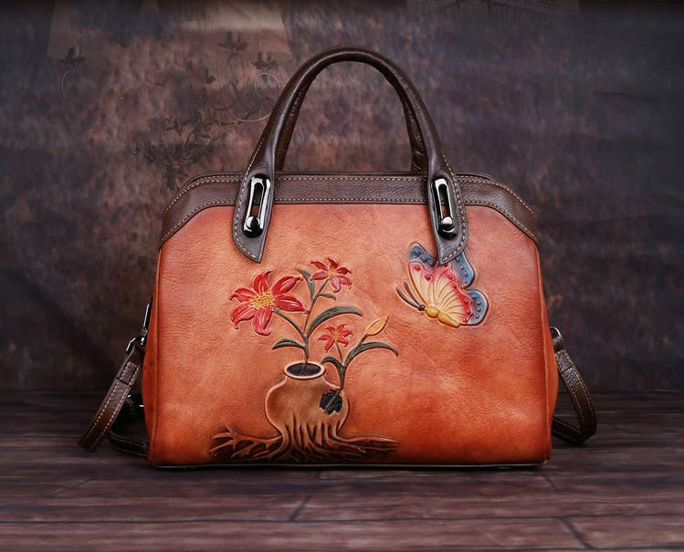 Women Vintage Handmade Leather Retro Embossed Handbag