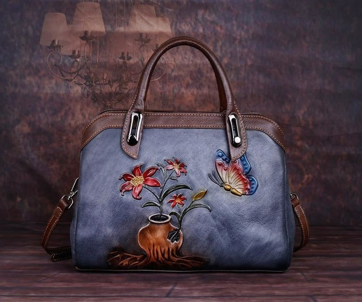 Women Vintage Handmade Leather Retro Embossed Handbag