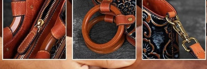 Women Retro Genuine Leather Handmade Embossed Shoulder Bag
