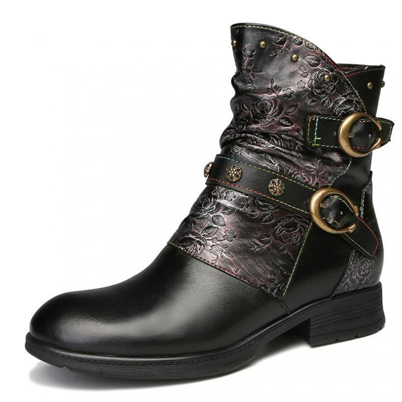 Women Genuine Leather Round Toe Print Handmade Concise Leisure Ankle Platform Boots