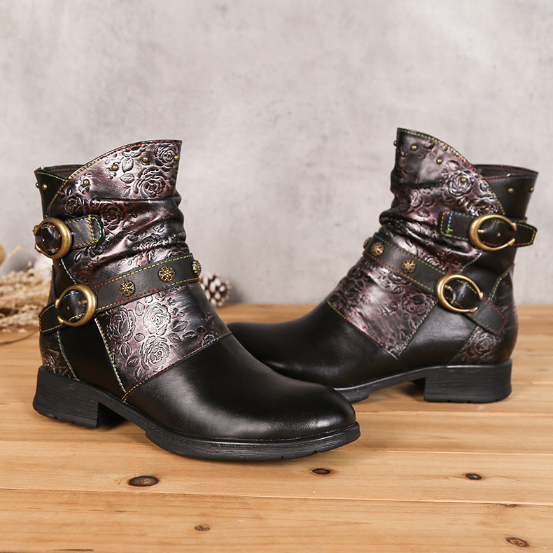 Women Genuine Leather Round Toe Print Handmade Concise Leisure Ankle Platform Boots
