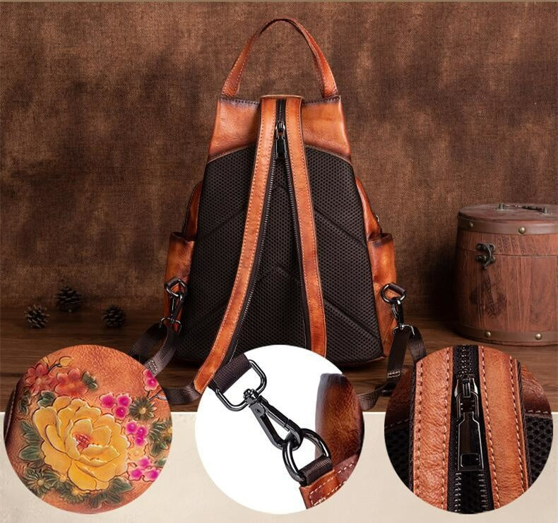 Women Retro Embossed Genuine Leather Backpack